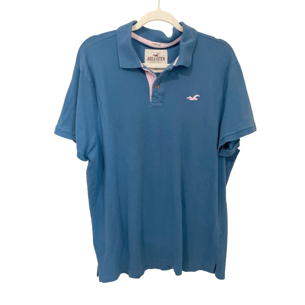Hollister Y2K Mens XXL Blue Pink Stretch Pique Logo Polo‎ Shirt